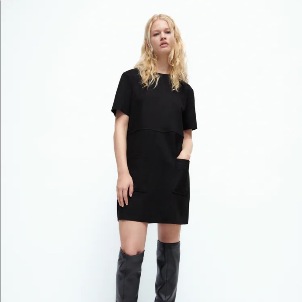 ZARA Black Suede Mini Dress with Leather Detailing